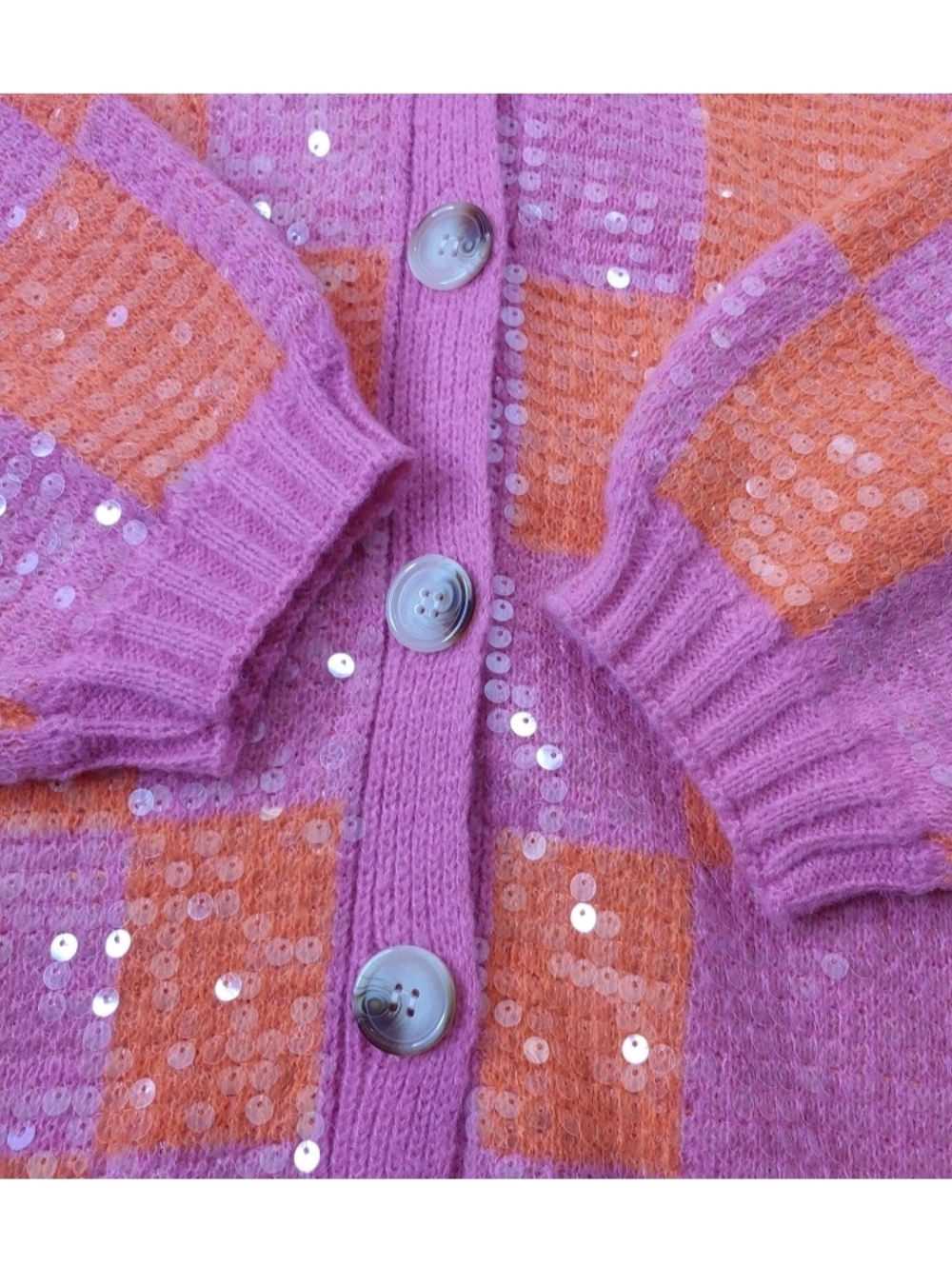 Bibi V-Neck Cardigan Sweater Sz XL Pink Orange Checkerboard Clear Sequined Nwt - Picture 7 of 12